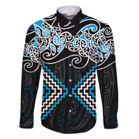 Blue Aotearoa Tukutuku Manawa Tapu Family Matching Long Sleeve Bodycon Dress and Hawaiian Shirt Ta Moko Toi Maori LT9 Dad's Shirt - Long Sleeve Blue - Polynesian Pride