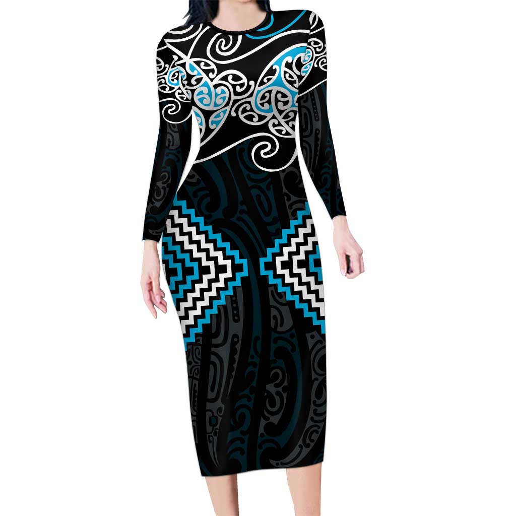 Blue Aotearoa Tukutuku Manawa Tapu Family Matching Long Sleeve Bodycon Dress and Hawaiian Shirt Ta Moko Toi Maori LT9 Mom's Dress Blue - Polynesian Pride