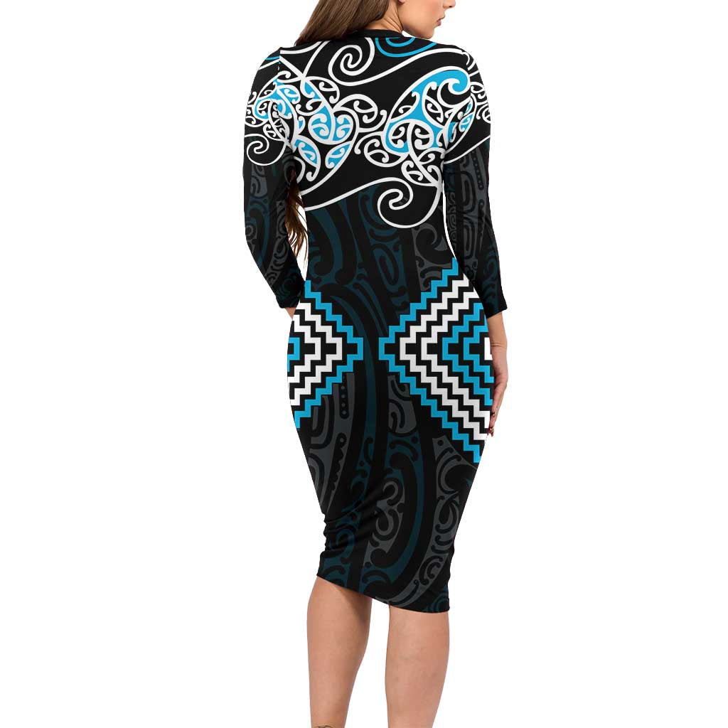 Blue Aotearoa Tukutuku Manawa Tapu Family Matching Long Sleeve Bodycon Dress and Hawaiian Shirt Ta Moko Toi Maori LT9 - Polynesian Pride