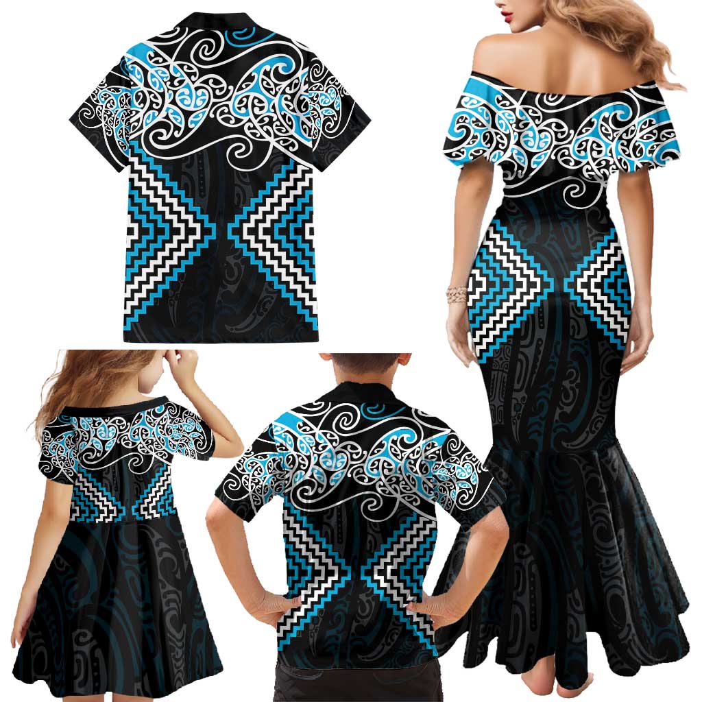 Blue Aotearoa Tukutuku Manawa Tapu Family Matching Mermaid Dress and Hawaiian Shirt Ta Moko Toi Maori LT9 - Polynesian Pride