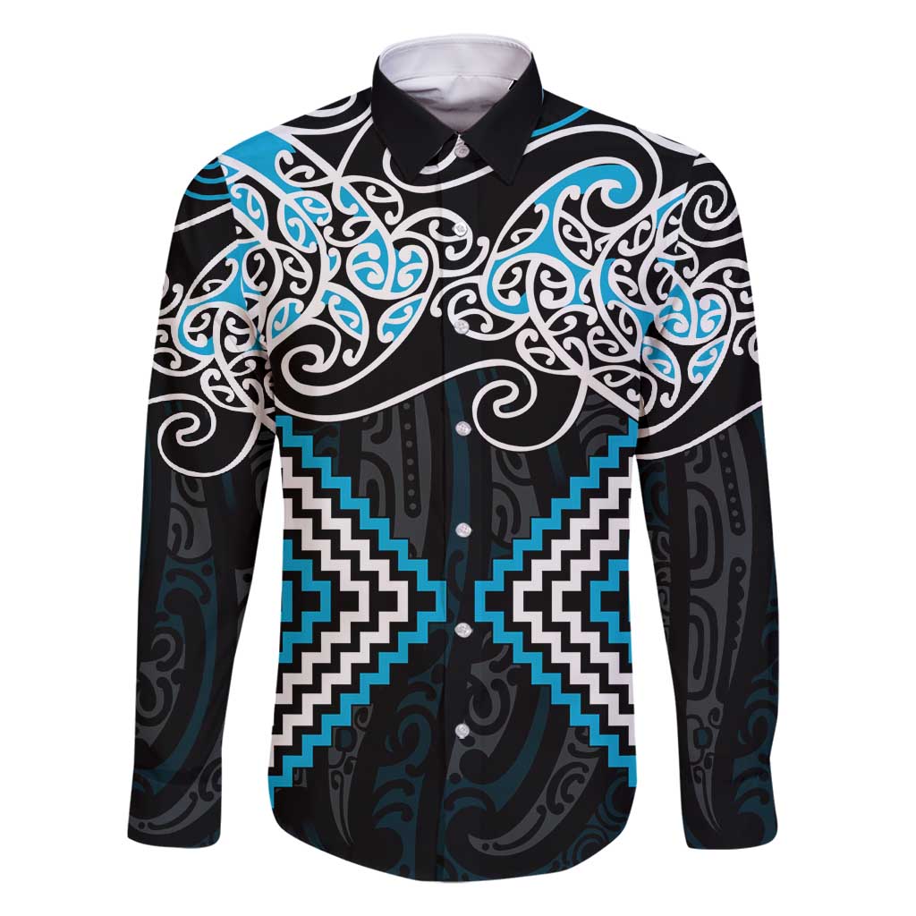 Blue Aotearoa Tukutuku Manawa Tapu Family Matching Mermaid Dress and Hawaiian Shirt Ta Moko Toi Maori LT9 Dad's Shirt - Long Sleeve Blue - Polynesian Pride