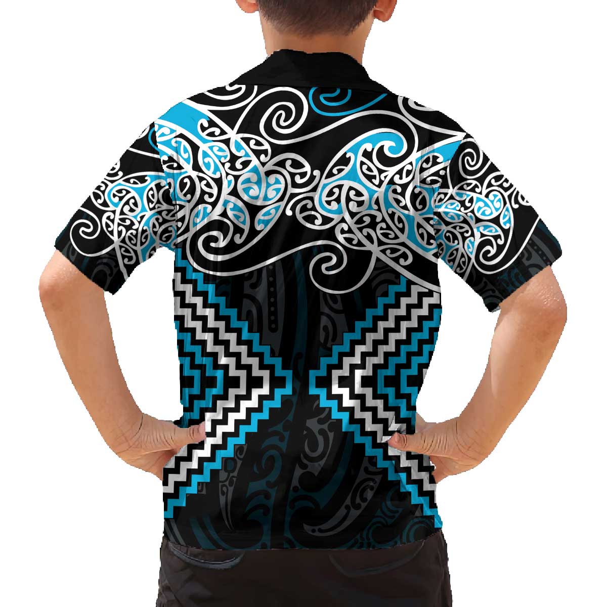 Blue Aotearoa Tukutuku Manawa Tapu Family Matching Off The Shoulder Long Sleeve Dress and Hawaiian Shirt Ta Moko Toi Maori LT9 - Polynesian Pride