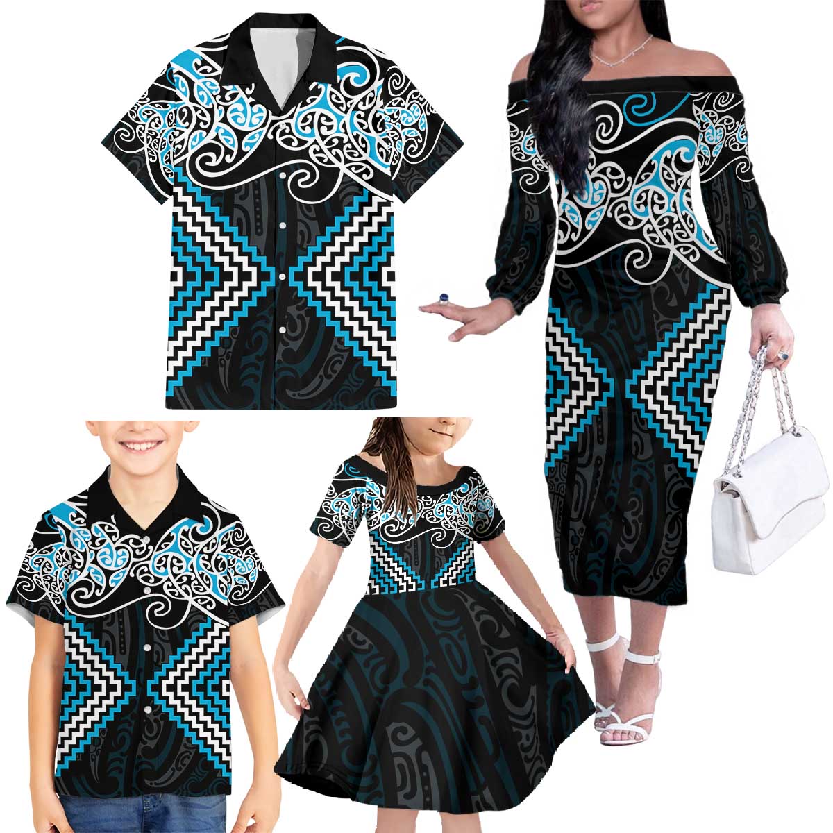 Blue Aotearoa Tukutuku Manawa Tapu Family Matching Off The Shoulder Long Sleeve Dress and Hawaiian Shirt Ta Moko Toi Maori LT9 - Polynesian Pride