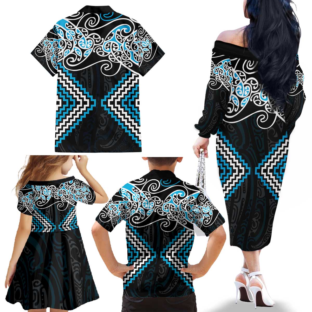 Blue Aotearoa Tukutuku Manawa Tapu Family Matching Off The Shoulder Long Sleeve Dress and Hawaiian Shirt Ta Moko Toi Maori LT9 - Polynesian Pride