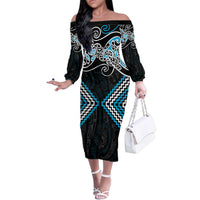 Blue Aotearoa Tukutuku Manawa Tapu Family Matching Off The Shoulder Long Sleeve Dress and Hawaiian Shirt Ta Moko Toi Maori LT9 Mom's Dress Blue - Polynesian Pride