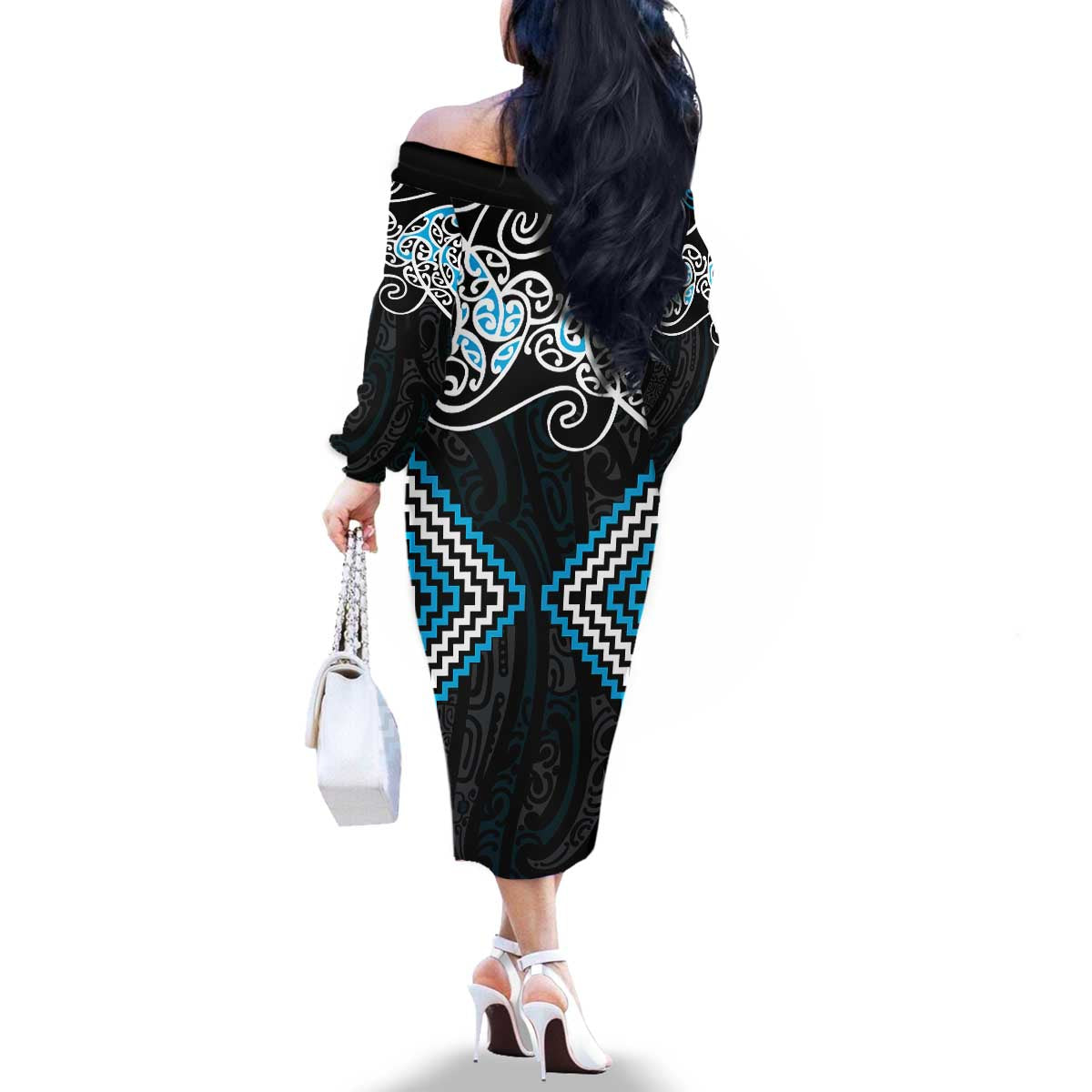 Blue Aotearoa Tukutuku Manawa Tapu Family Matching Off The Shoulder Long Sleeve Dress and Hawaiian Shirt Ta Moko Toi Maori LT9 - Polynesian Pride