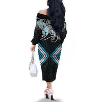 Blue Aotearoa Tukutuku Manawa Tapu Family Matching Off The Shoulder Long Sleeve Dress and Hawaiian Shirt Ta Moko Toi Maori LT9 - Polynesian Pride