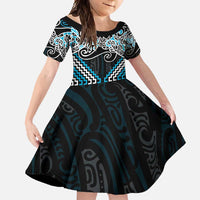 Blue Aotearoa Tukutuku Manawa Tapu Family Matching Off Shoulder Maxi Dress and Hawaiian Shirt Ta Moko Toi Maori LT9 Daughter's Dress Blue - Polynesian Pride