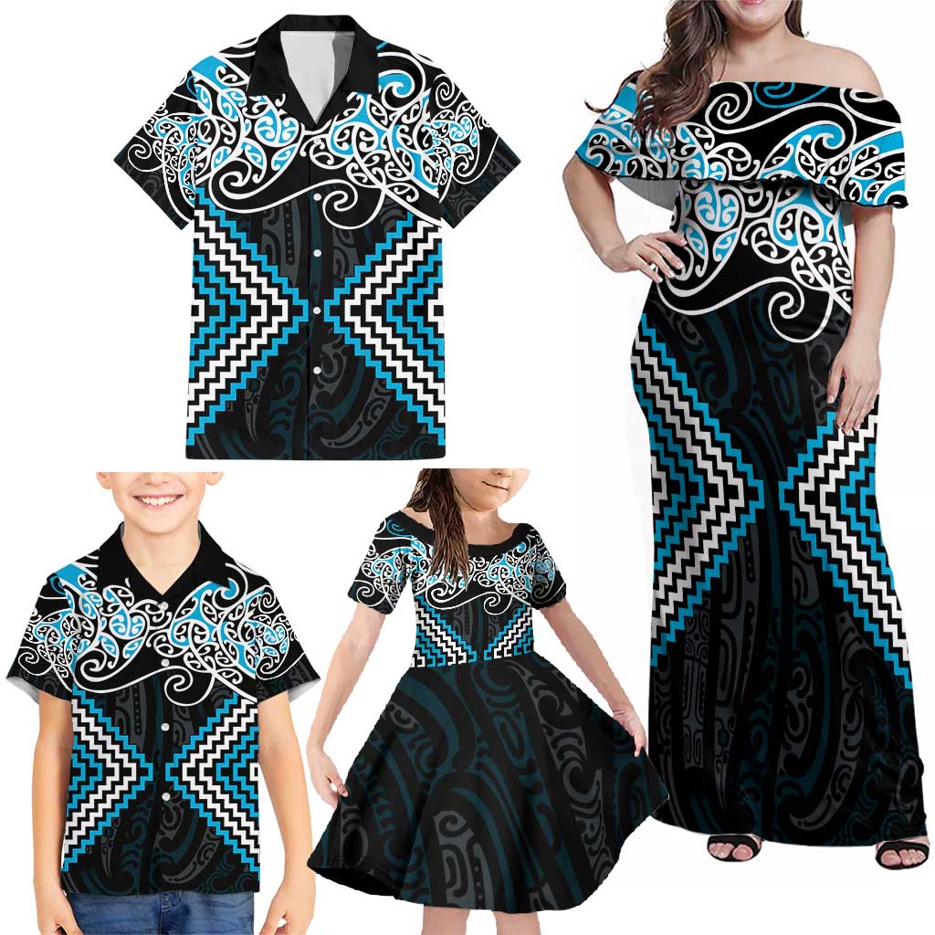 Blue Aotearoa Tukutuku Manawa Tapu Family Matching Off Shoulder Maxi Dress and Hawaiian Shirt Ta Moko Toi Maori LT9 - Polynesian Pride