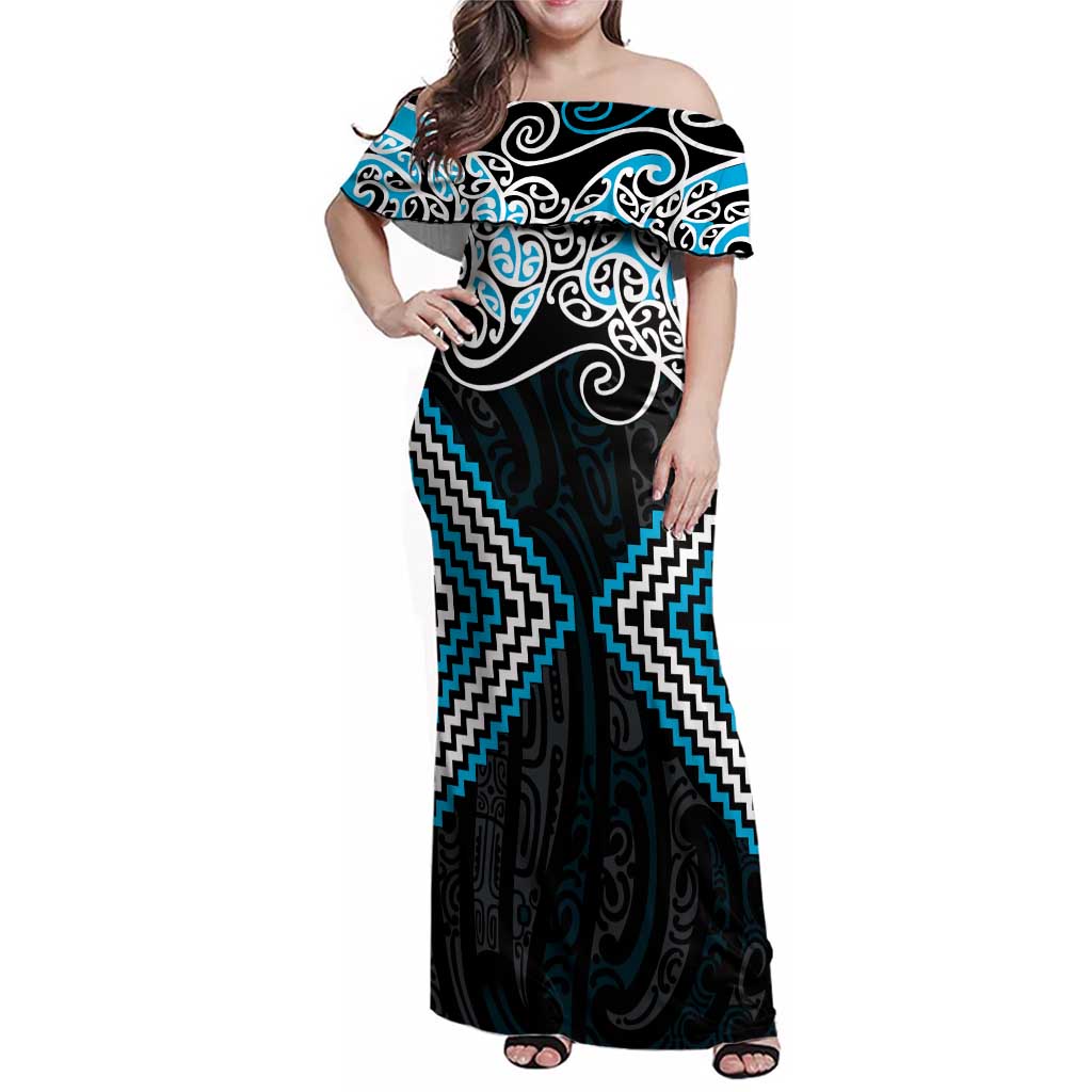 Blue Aotearoa Tukutuku Manawa Tapu Family Matching Off Shoulder Maxi Dress and Hawaiian Shirt Ta Moko Toi Maori LT9 Mom's Dress Blue - Polynesian Pride