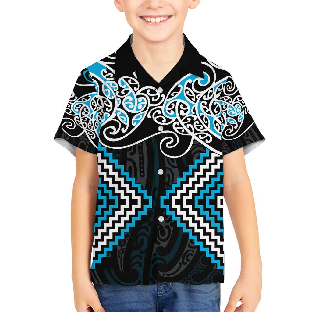 Blue Aotearoa Tukutuku Manawa Tapu Family Matching Off Shoulder Maxi Dress and Hawaiian Shirt Ta Moko Toi Maori LT9 Son's Shirt Blue - Polynesian Pride