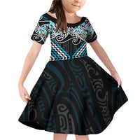 Blue Aotearoa Tukutuku Manawa Tapu Family Matching Off Shoulder Short Dress and Hawaiian Shirt Ta Moko Toi Maori LT9 Daughter's Dress Blue - Polynesian Pride
