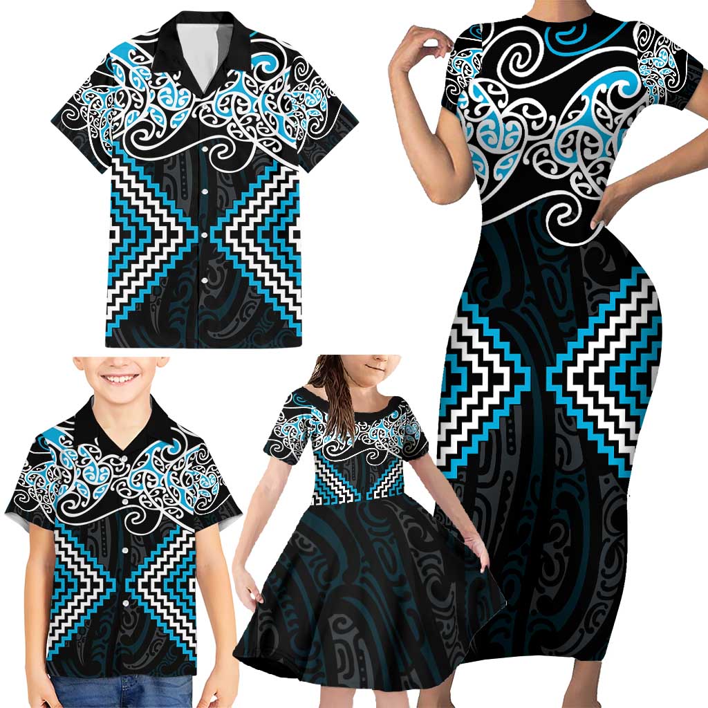 Blue Aotearoa Tukutuku Manawa Tapu Family Matching Short Sleeve Bodycon Dress and Hawaiian Shirt Ta Moko Toi Maori LT9 - Polynesian Pride
