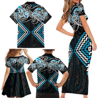 Blue Aotearoa Tukutuku Manawa Tapu Family Matching Short Sleeve Bodycon Dress and Hawaiian Shirt Ta Moko Toi Maori LT9 - Polynesian Pride