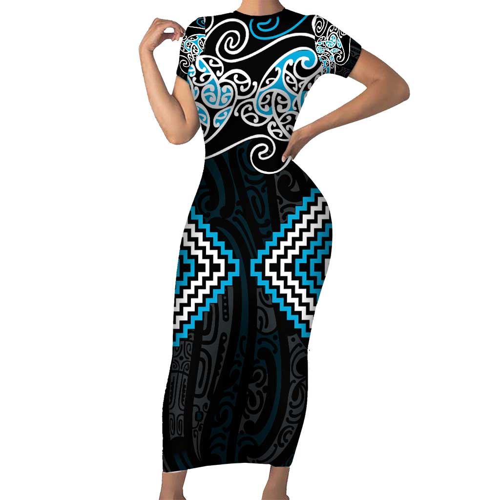 Blue Aotearoa Tukutuku Manawa Tapu Family Matching Short Sleeve Bodycon Dress and Hawaiian Shirt Ta Moko Toi Maori LT9 Mom's Dress Blue - Polynesian Pride
