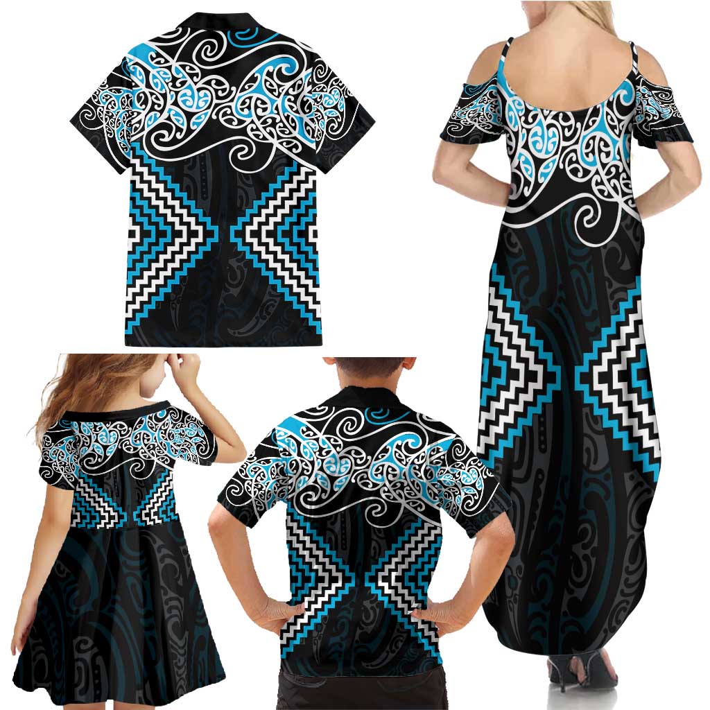 Blue Aotearoa Tukutuku Manawa Tapu Family Matching Summer Maxi Dress and Hawaiian Shirt Ta Moko Toi Maori LT9 - Polynesian Pride