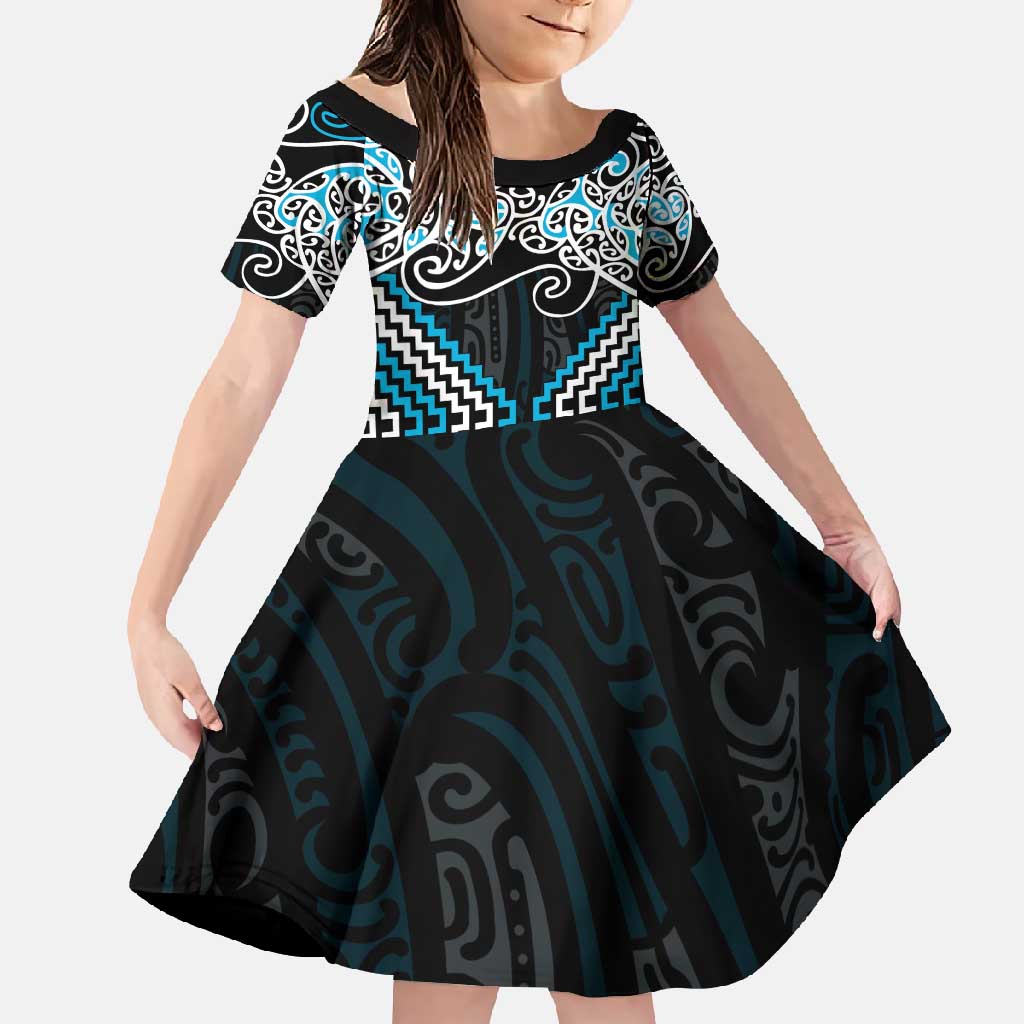 Blue Aotearoa Tukutuku Manawa Tapu Family Matching Tank Maxi Dress and Hawaiian Shirt Ta Moko Toi Maori LT9 Daughter's Dress Blue - Polynesian Pride