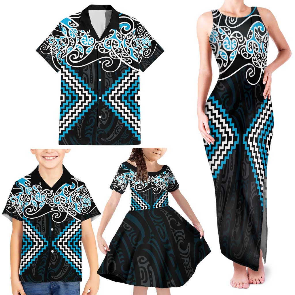 Blue Aotearoa Tukutuku Manawa Tapu Family Matching Tank Maxi Dress and Hawaiian Shirt Ta Moko Toi Maori LT9 - Polynesian Pride
