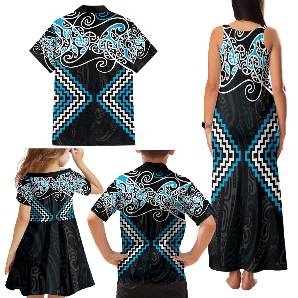 Blue Aotearoa Tukutuku Manawa Tapu Family Matching Tank Maxi Dress and Hawaiian Shirt Ta Moko Toi Maori LT9 - Polynesian Pride
