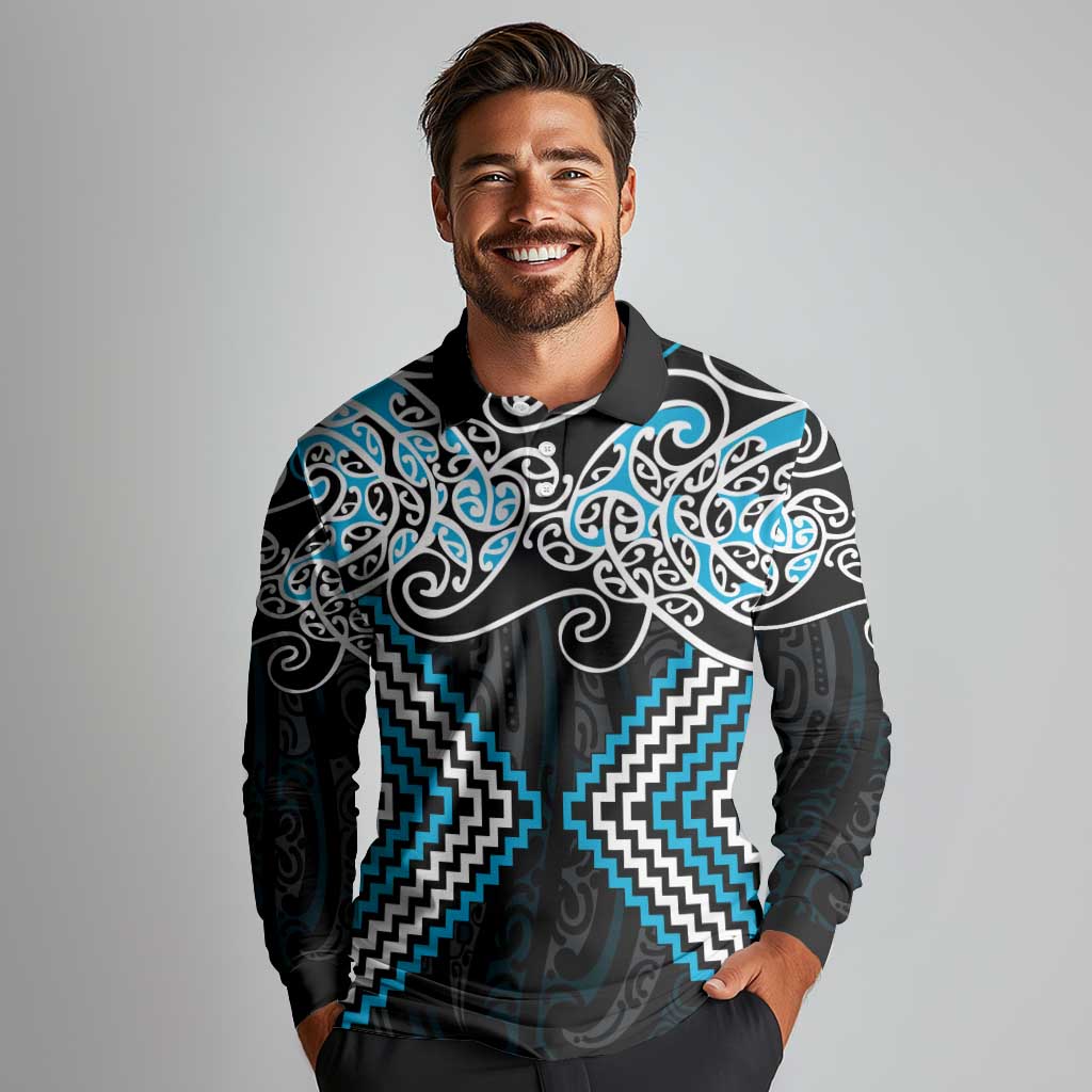 Blue Aotearoa Tukutuku Manawa Tapu Long Sleeve Polo Shirt Ta Moko Toi Maori