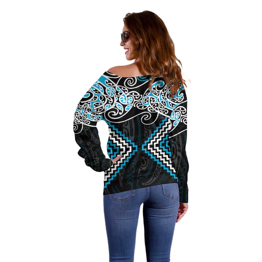 Blue Aotearoa Tukutuku Manawa Tapu Off Shoulder Sweater Ta Moko Toi Maori