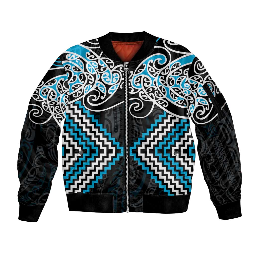Blue Aotearoa Tukutuku Manawa Tapu Sleeve Zip Bomber Jacket Ta Moko Toi Maori LT9 Unisex Blue - Polynesian Pride