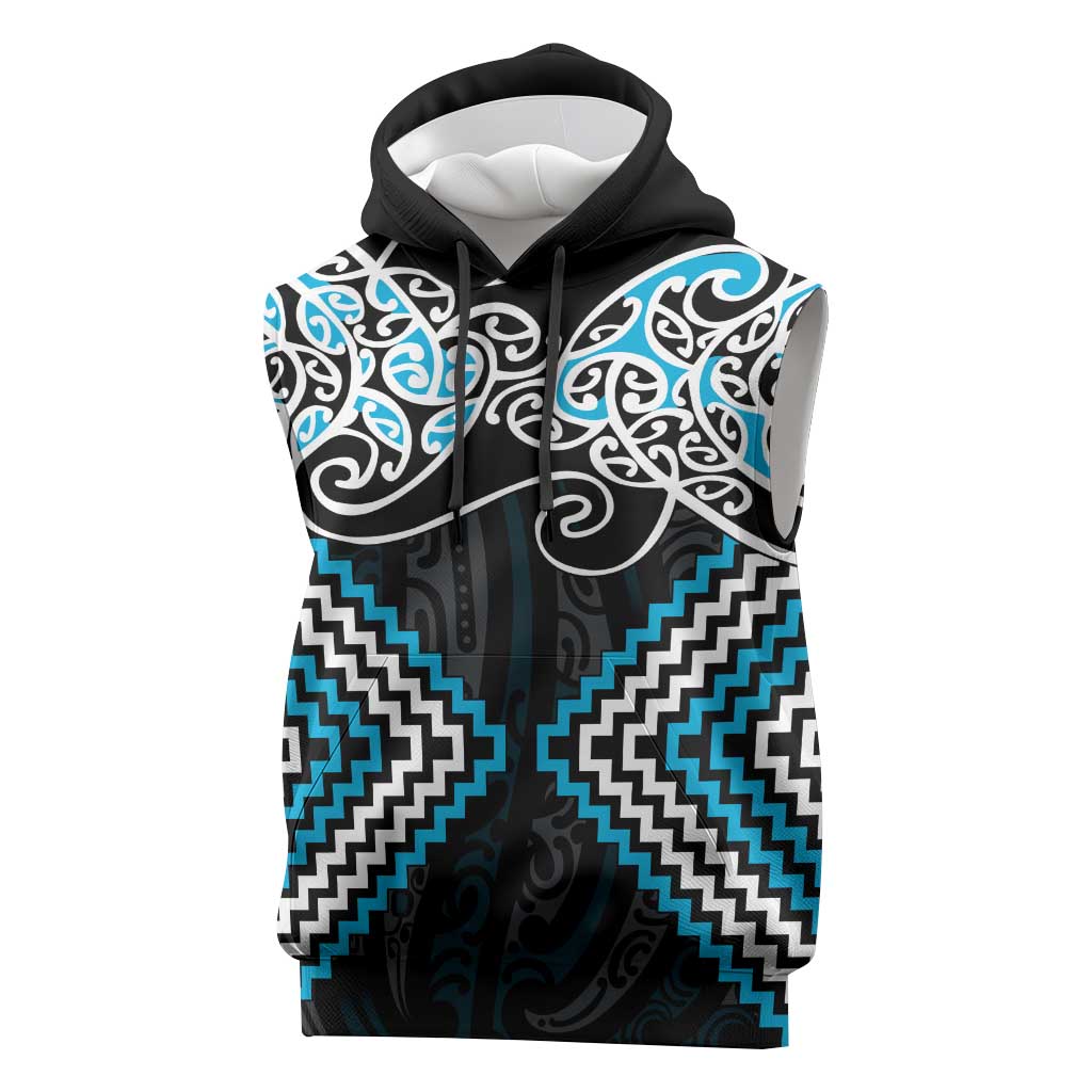 Blue Aotearoa Tukutuku Manawa Tapu Sleeveless Hoodie Ta Moko Toi Maori - Polynesian Pride