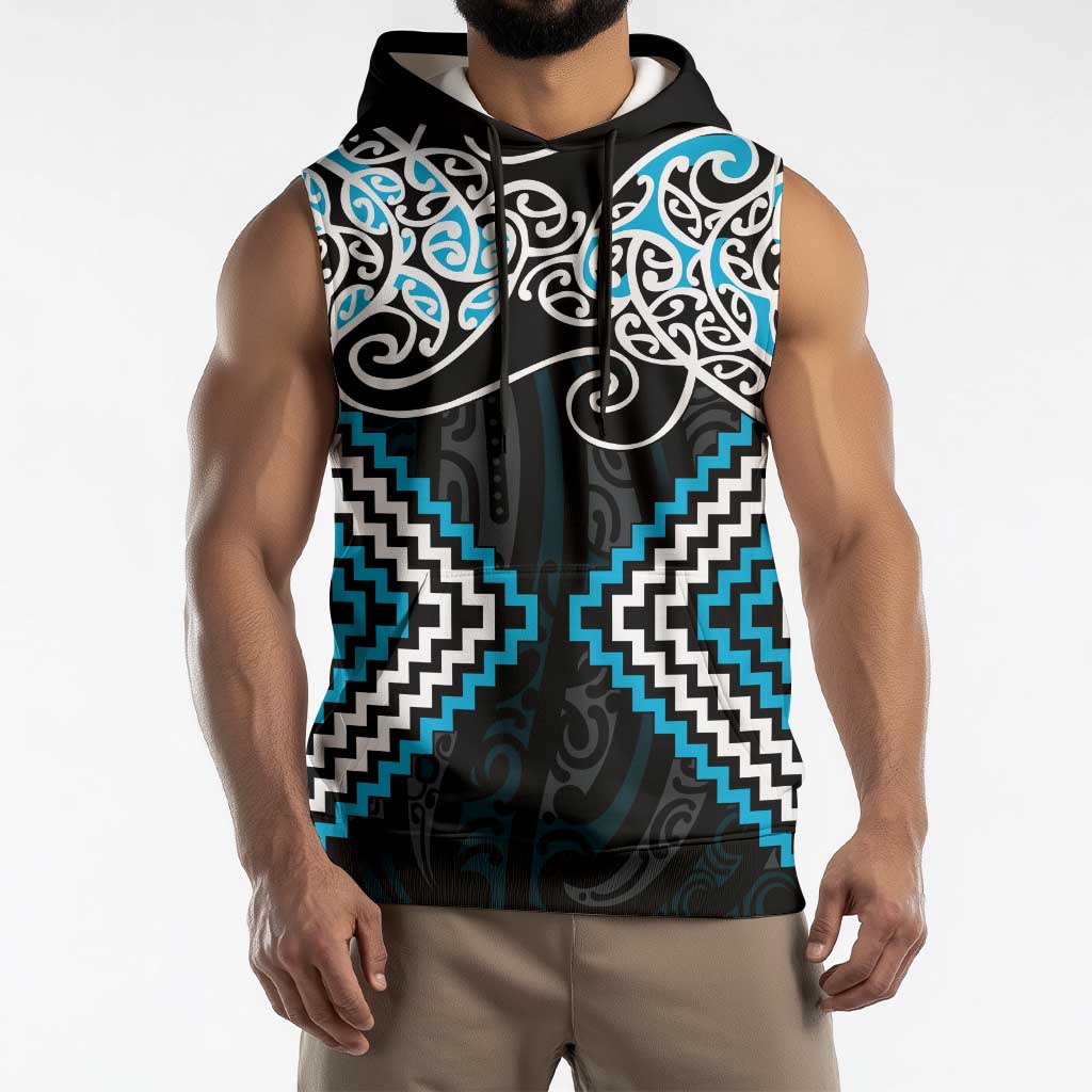 Blue Aotearoa Tukutuku Manawa Tapu Sleeveless Hoodie Ta Moko Toi Maori - Polynesian Pride