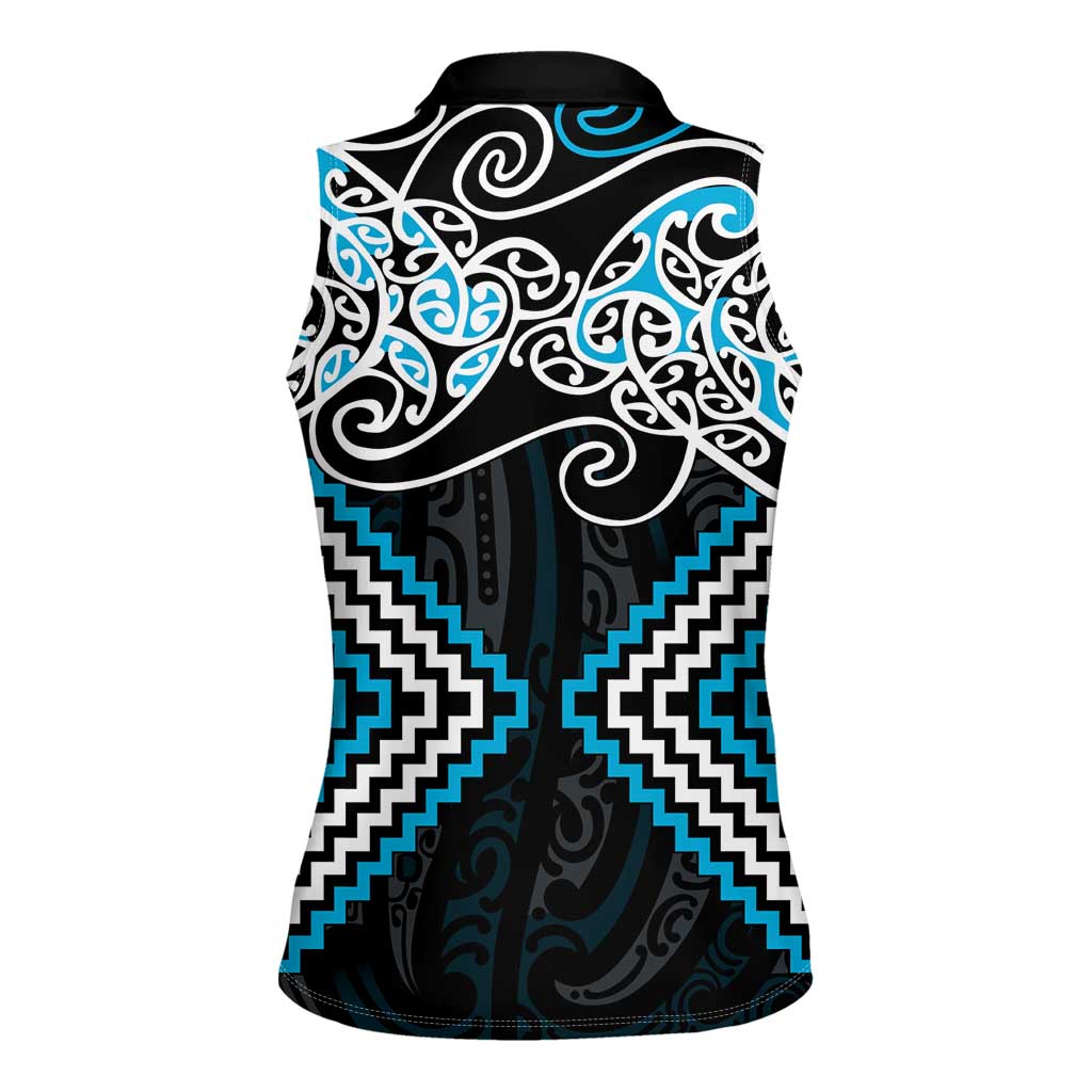 Blue Aotearoa Tukutuku Manawa Tapu Women Sleeveless Polo Shirt Ta Moko Toi Maori