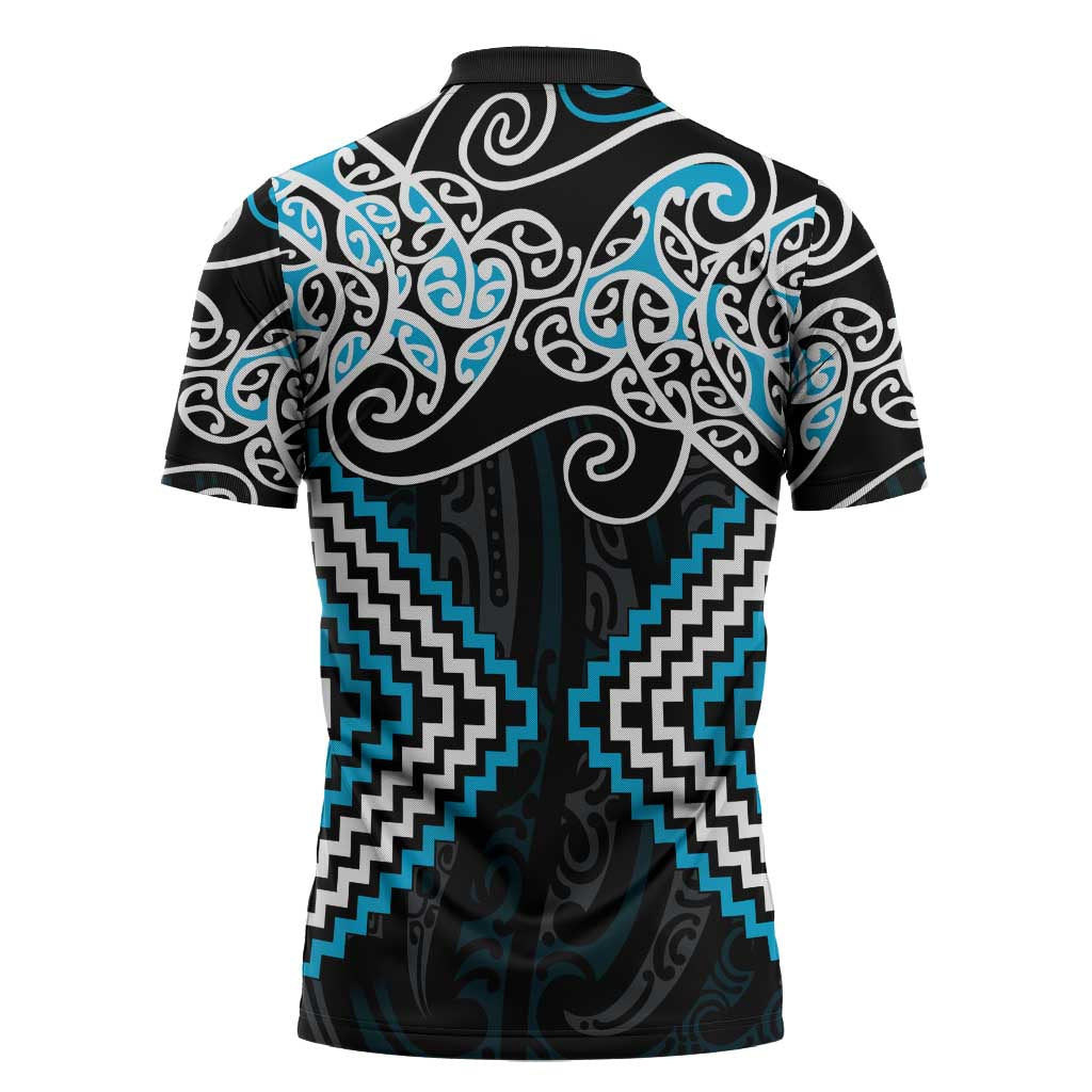 Blue Aotearoa Tukutuku Manawa Tapu Zipper Polo Shirt Ta Moko Toi Maori - Polynesian Pride