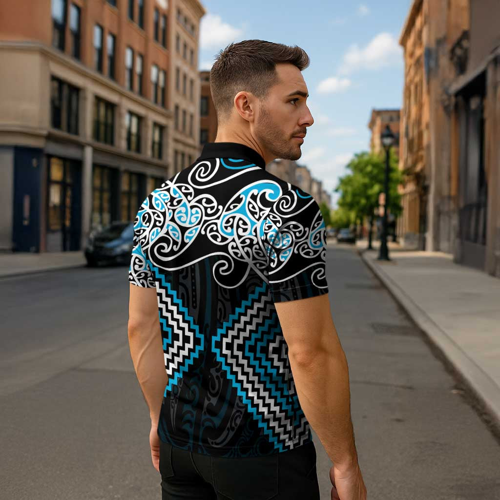 Blue Aotearoa Tukutuku Manawa Tapu Zipper Polo Shirt Ta Moko Toi Maori - Polynesian Pride