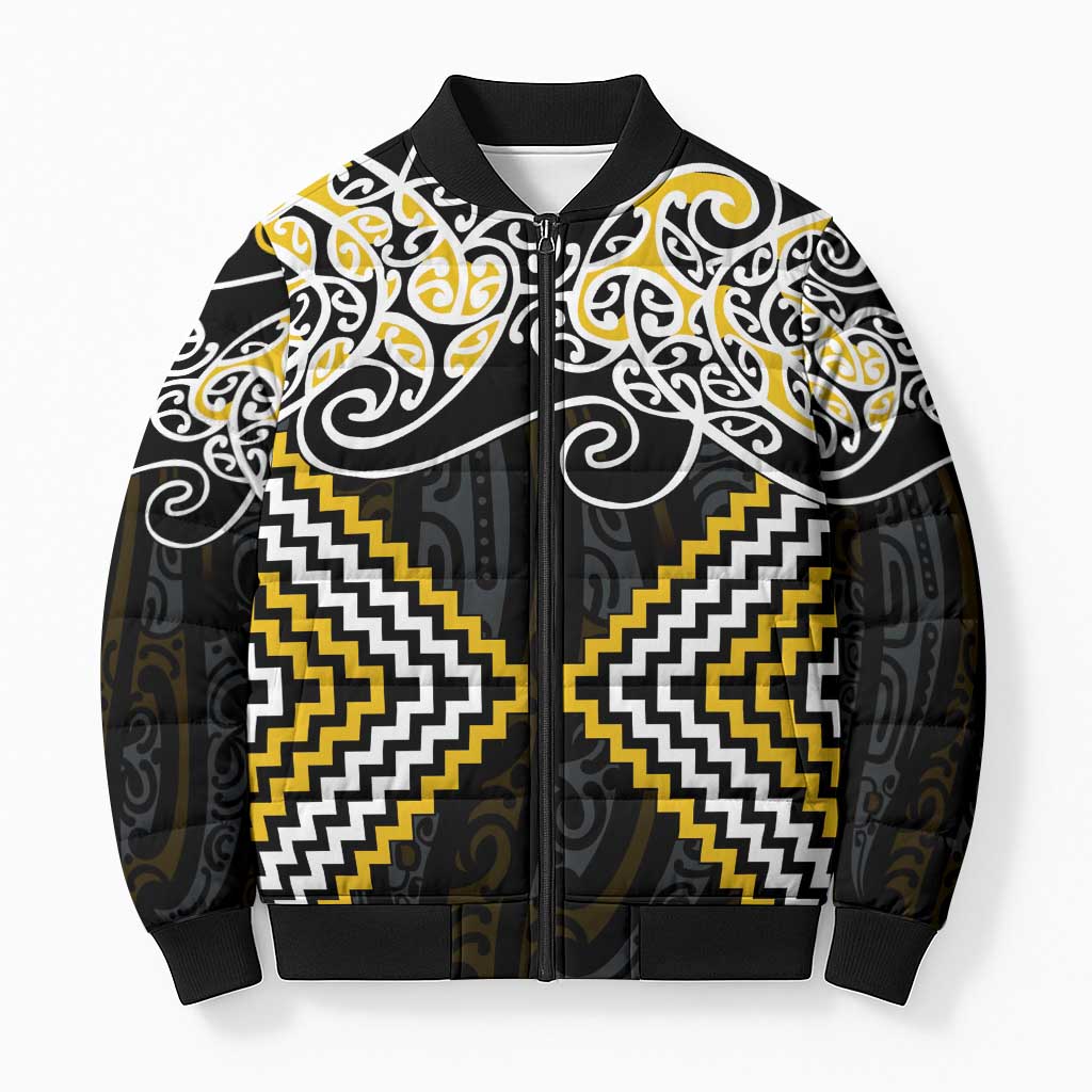 Gold Aotearoa Tukutuku Manawa Tapu Bomber Puffer Jacket Ta Moko Toi Maori - Polynesian Pride