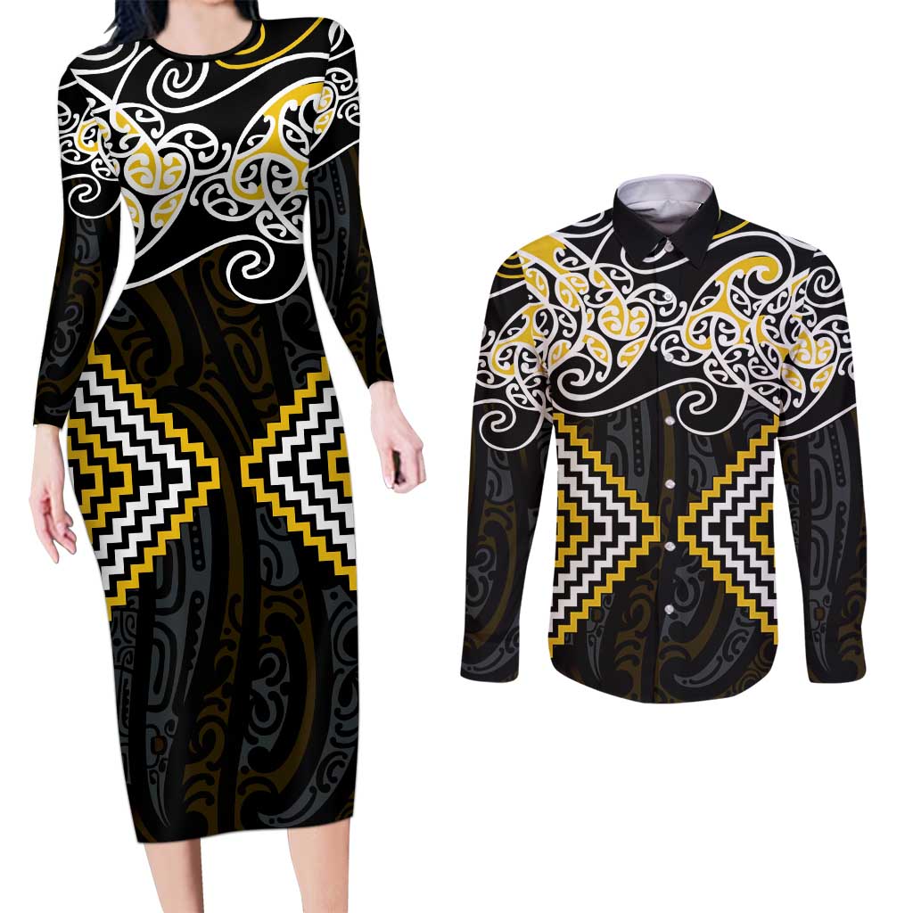 Gold Aotearoa Tukutuku Manawa Tapu Couples Matching Long Sleeve Bodycon Dress and Long Sleeve Button Shirt Ta Moko Toi Maori LT9 Gold - Polynesian Pride
