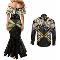 Gold Aotearoa Tukutuku Manawa Tapu Couples Matching Mermaid Dress and Long Sleeve Button Shirt Ta Moko Toi Maori LT9 - Polynesian Pride