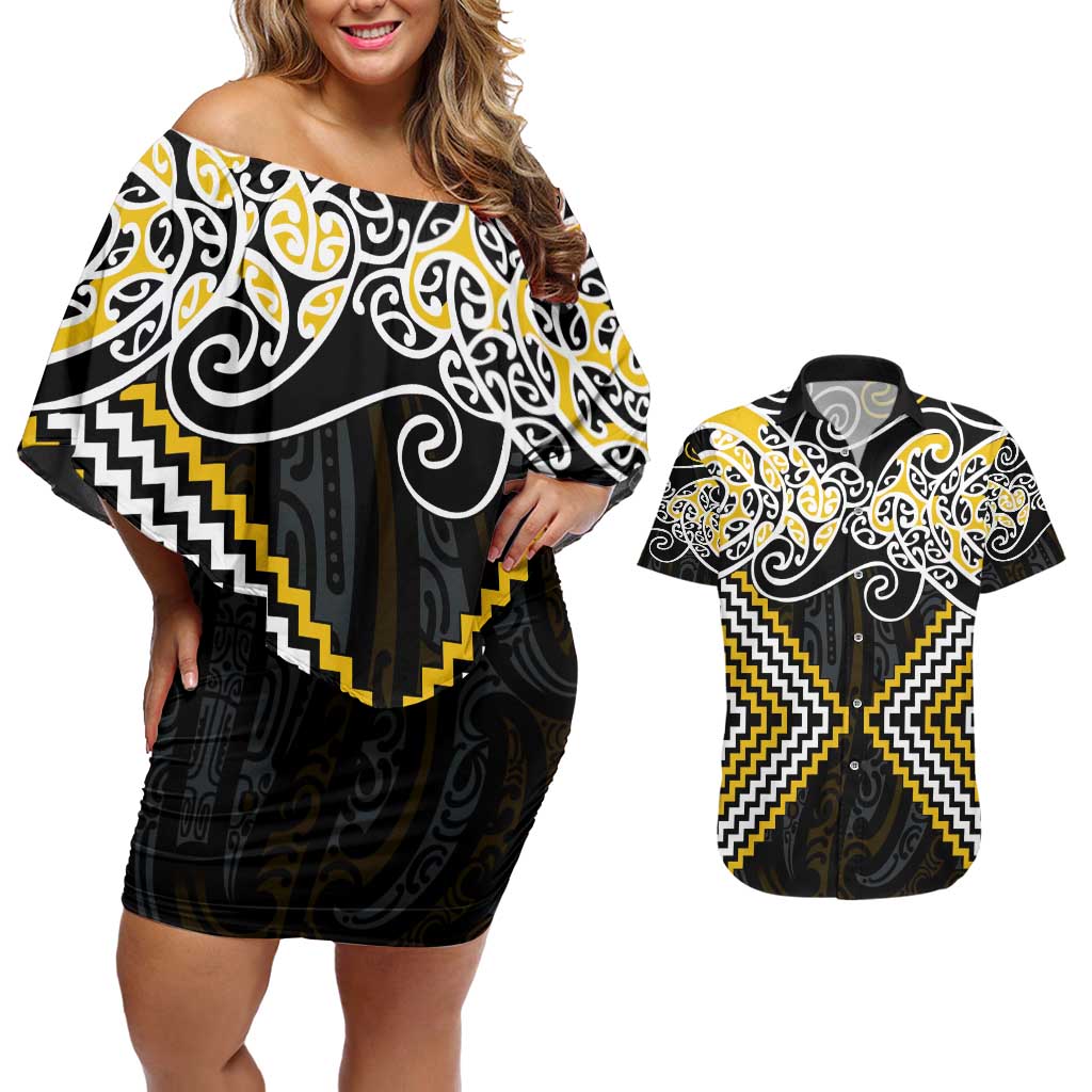 Gold Aotearoa Tukutuku Manawa Tapu Couples Matching Off Shoulder Short Dress and Hawaiian Shirt Ta Moko Toi Maori LT9 Gold - Polynesian Pride