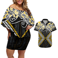 Gold Aotearoa Tukutuku Manawa Tapu Couples Matching Off Shoulder Short Dress and Hawaiian Shirt Ta Moko Toi Maori LT9 Gold - Polynesian Pride