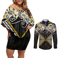 Gold Aotearoa Tukutuku Manawa Tapu Couples Matching Off Shoulder Short Dress and Long Sleeve Button Shirt Ta Moko Toi Maori LT9 Gold - Polynesian Pride