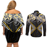 Gold Aotearoa Tukutuku Manawa Tapu Couples Matching Off Shoulder Short Dress and Long Sleeve Button Shirt Ta Moko Toi Maori LT9 - Polynesian Pride