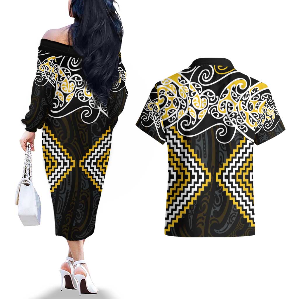 Gold Aotearoa Tukutuku Manawa Tapu Couples Matching Off The Shoulder Long Sleeve Dress and Hawaiian Shirt Ta Moko Toi Maori LT9 - Polynesian Pride
