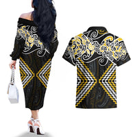 Gold Aotearoa Tukutuku Manawa Tapu Couples Matching Off The Shoulder Long Sleeve Dress and Hawaiian Shirt Ta Moko Toi Maori LT9 - Polynesian Pride