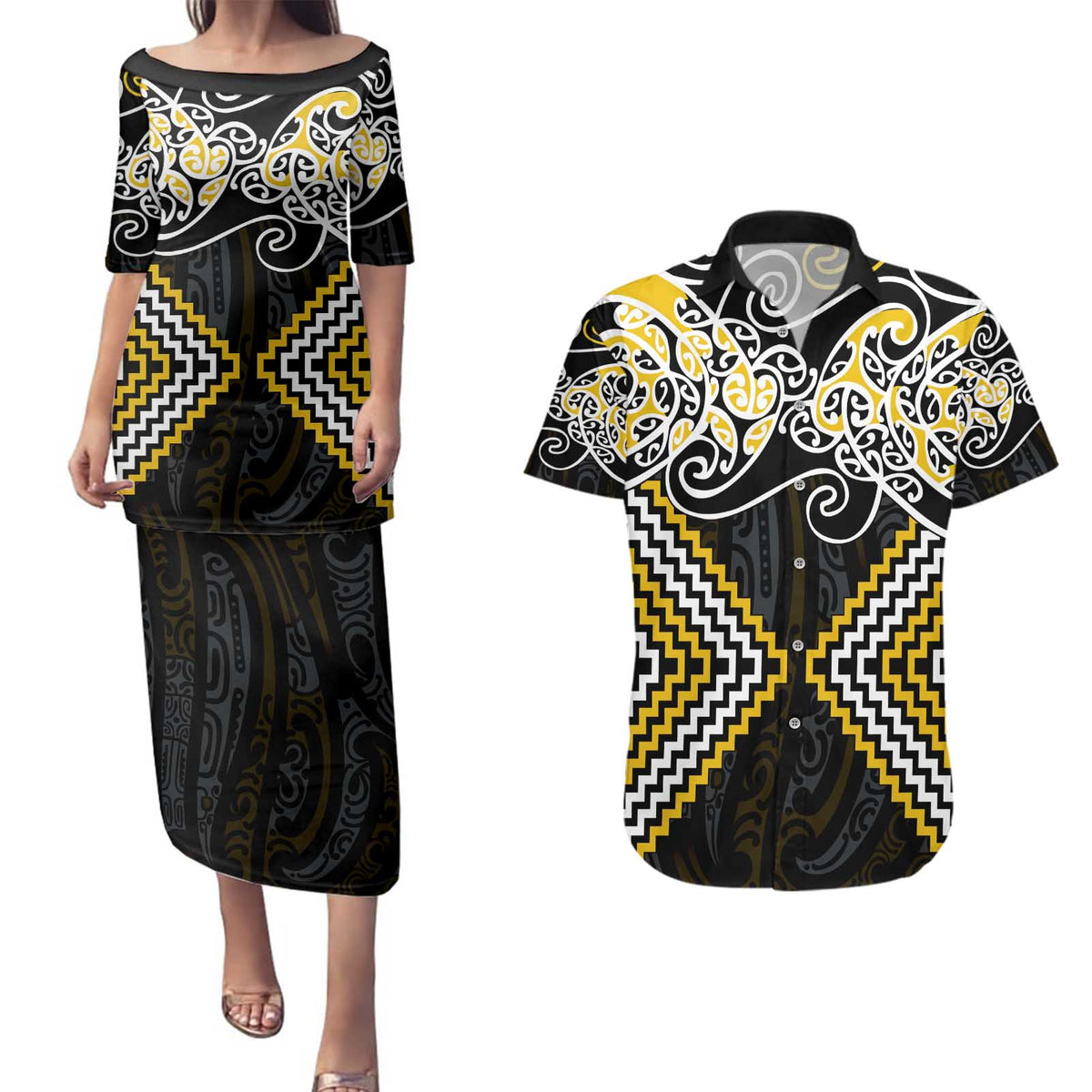 Gold Aotearoa Tukutuku Manawa Tapu Couples Matching Puletasi and Hawaiian Shirt Ta Moko Toi Maori LT9 Gold - Polynesian Pride