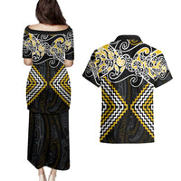 Gold Aotearoa Tukutuku Manawa Tapu Couples Matching Puletasi and Hawaiian Shirt Ta Moko Toi Maori LT9 - Polynesian Pride