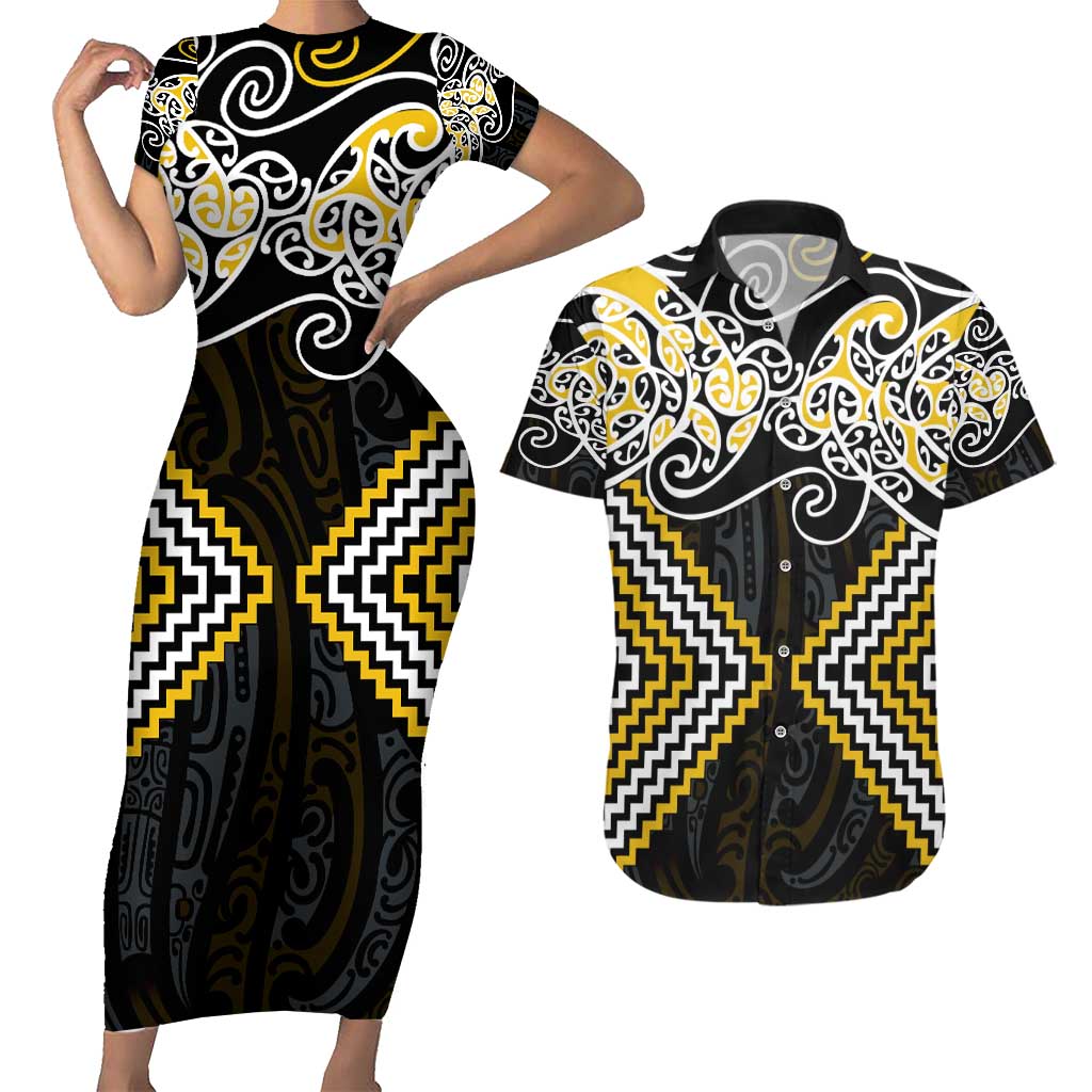 Gold Aotearoa Tukutuku Manawa Tapu Couples Matching Short Sleeve Bodycon Dress and Hawaiian Shirt Ta Moko Toi Maori LT9 Gold - Polynesian Pride