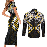 Gold Aotearoa Tukutuku Manawa Tapu Couples Matching Short Sleeve Bodycon Dress and Long Sleeve Button Shirt Ta Moko Toi Maori LT9 - Polynesian Pride