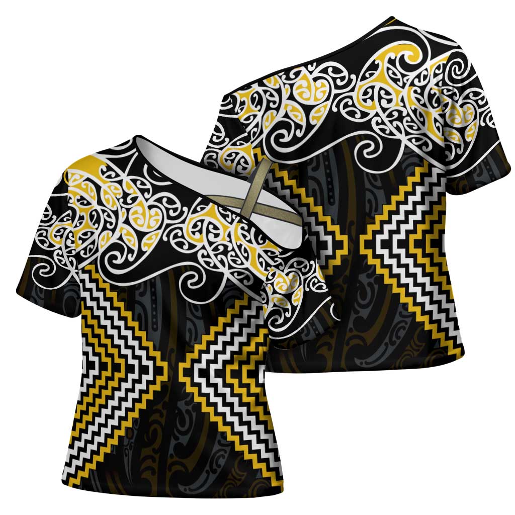 Gold Aotearoa Tukutuku Manawa Tapu Cross Shoulder Shirt Ta Moko Toi Maori - Polynesian Pride