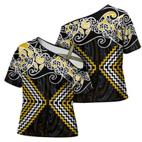 Gold Aotearoa Tukutuku Manawa Tapu Cross Shoulder Shirt Ta Moko Toi Maori - Polynesian Pride