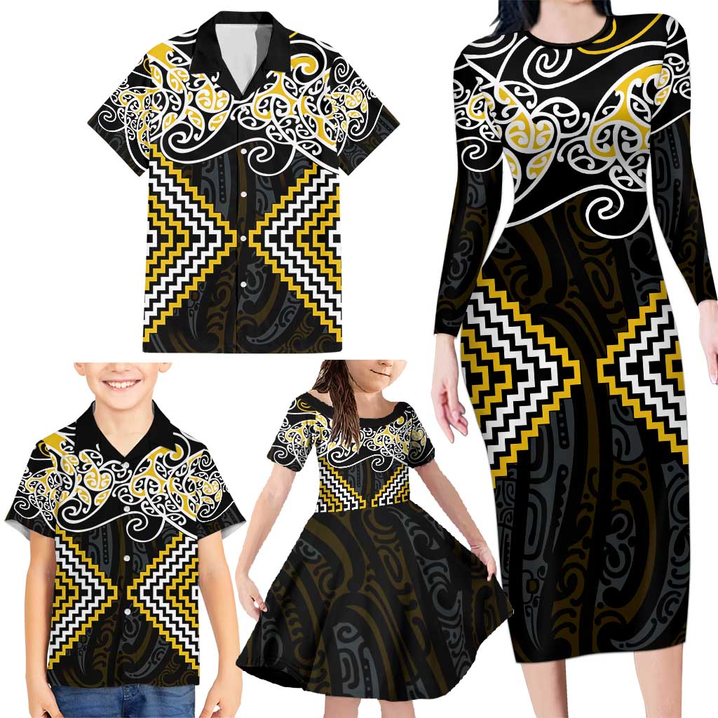 Gold Aotearoa Tukutuku Manawa Tapu Family Matching Long Sleeve Bodycon Dress and Hawaiian Shirt Ta Moko Toi Maori LT9 - Polynesian Pride