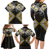 Gold Aotearoa Tukutuku Manawa Tapu Family Matching Long Sleeve Bodycon Dress and Hawaiian Shirt Ta Moko Toi Maori LT9 - Polynesian Pride