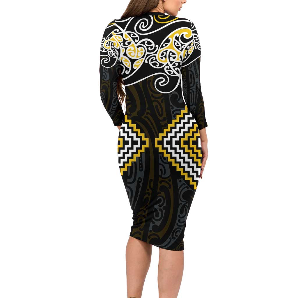 Gold Aotearoa Tukutuku Manawa Tapu Family Matching Long Sleeve Bodycon Dress and Hawaiian Shirt Ta Moko Toi Maori LT9 - Polynesian Pride