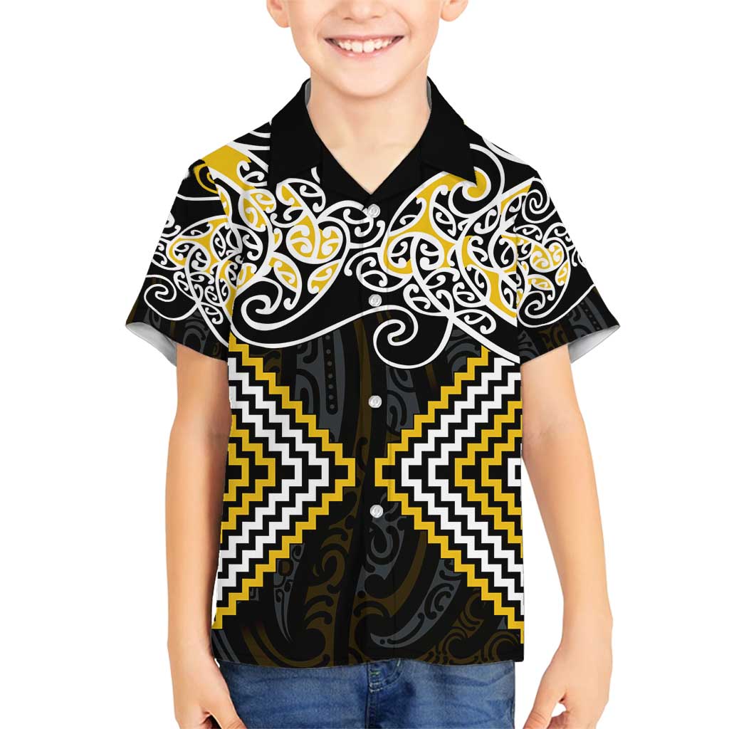 Gold Aotearoa Tukutuku Manawa Tapu Family Matching Long Sleeve Bodycon Dress and Hawaiian Shirt Ta Moko Toi Maori LT9 Son's Shirt Gold - Polynesian Pride